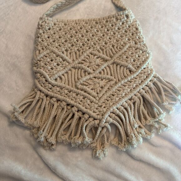 Mossimo Macrame Crochet Ivory Fringe Crossbody Bag Purse Hippie Boho Off White - Picture 2 of 6